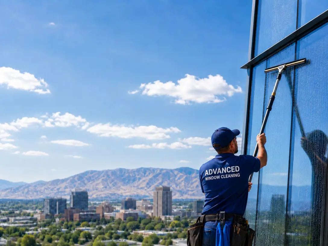 Advanced Window Cleaning technician squeegeeing a high-rise window above the Boise skyline and foothills